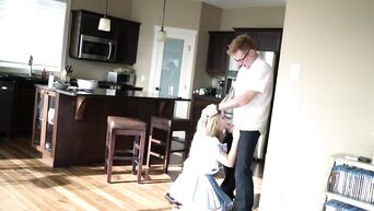 Hot housewife with huge silicone breast meets husband from work